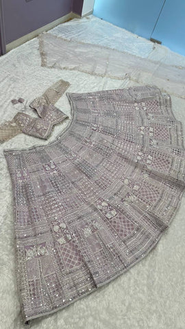 Ceremony Wear Lavender Color Net Lehenga With Resham Thread And Sequins Work Designer Lehenga Choli