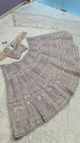Ceremony Wear Lavender Color Net Lehenga With Resham Thread And Sequins Work Designer Lehenga Choli