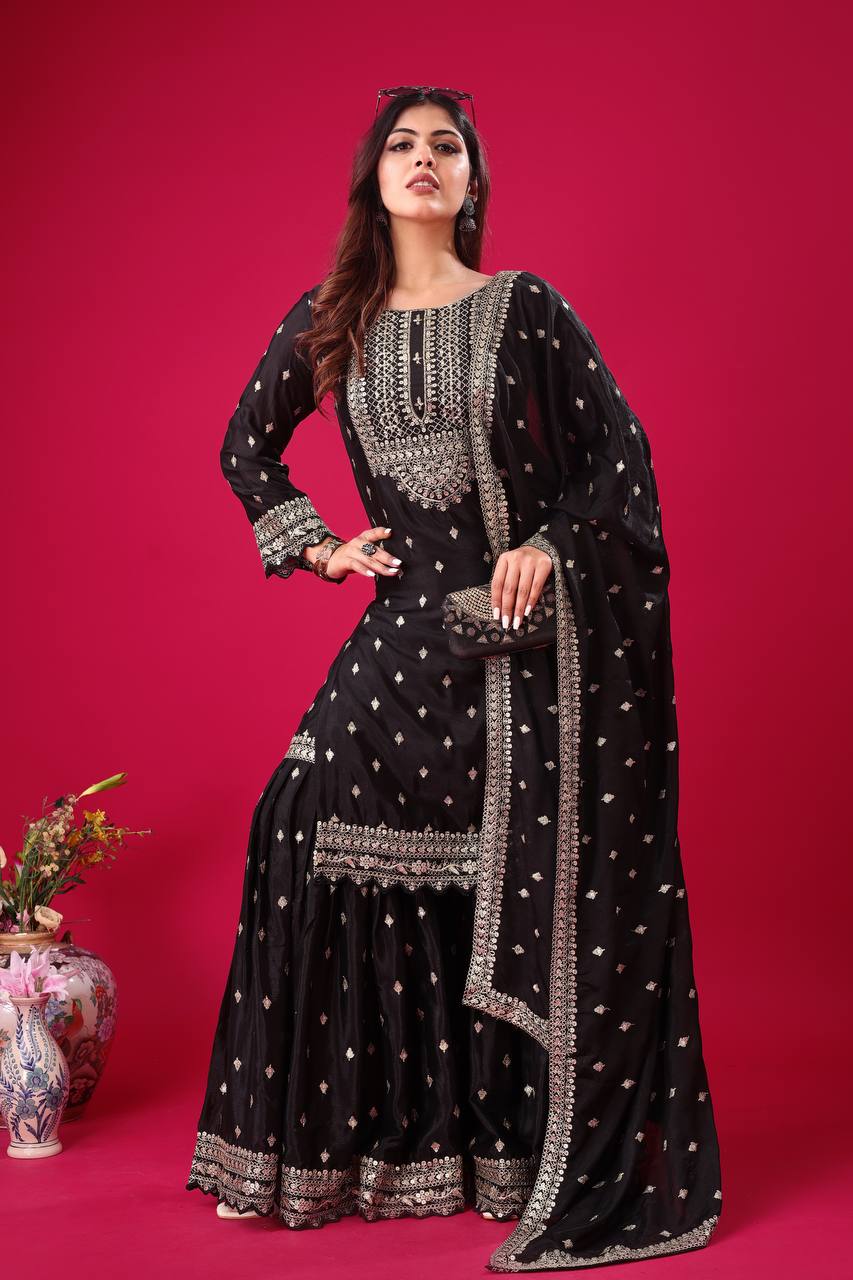 Exclusive Black Color Chinon Silk With Heavy Embroidery Sequence Work Sharara Suit