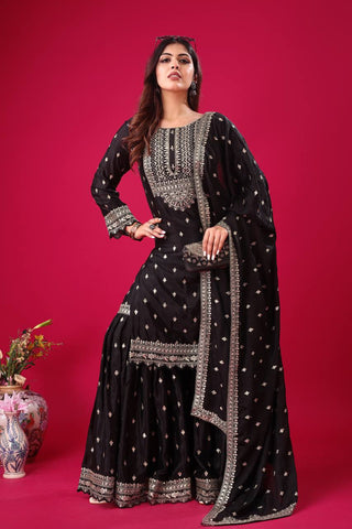 Exclusive Black Color Chinon Silk With Heavy Embroidery Sequence Work Sharara Suit