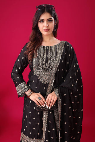 Exclusive Black Color Chinon Silk With Heavy Embroidery Sequence Work Sharara Suit