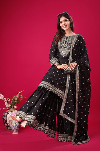 Exclusive Black Color Chinon Silk With Heavy Embroidery Sequence Work Sharara Suit
