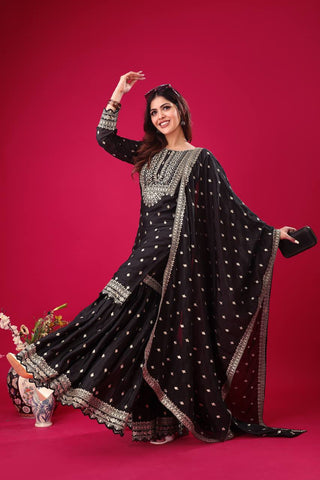 Exclusive Black Color Chinon Silk With Heavy Embroidery Sequence Work Sharara Suit
