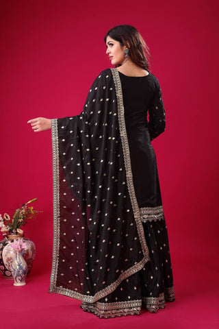 Exclusive Black Color Chinon Silk With Heavy Embroidery Sequence Work Sharara Suit