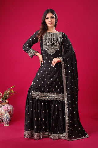 Exclusive Black Color Chinon Silk With Heavy Embroidery Sequence Work Sharara Suit