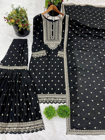 Exclusive Black Color Chinon Silk With Heavy Embroidery Sequence Work Sharara Suit