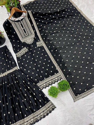 Exclusive Black Color Chinon Silk With Heavy Embroidery Sequence Work Sharara Suit