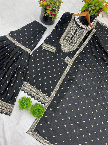Exclusive Black Color Chinon Silk With Heavy Embroidery Sequence Work Sharara Suit