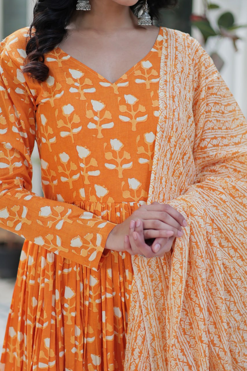 Fabulous Orange Color Pure Cotton Printed Designer Anarkali Suit