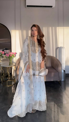 Ceremony Wear White Color Pure Heavy Chinnon Silk With Embroidery And 5mm Sequence Work Sharara Suit