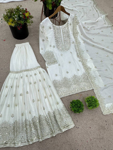 Ceremony Wear White Color Pure Heavy Chinnon Silk With Embroidery And 5mm Sequence Work Sharara Suit
