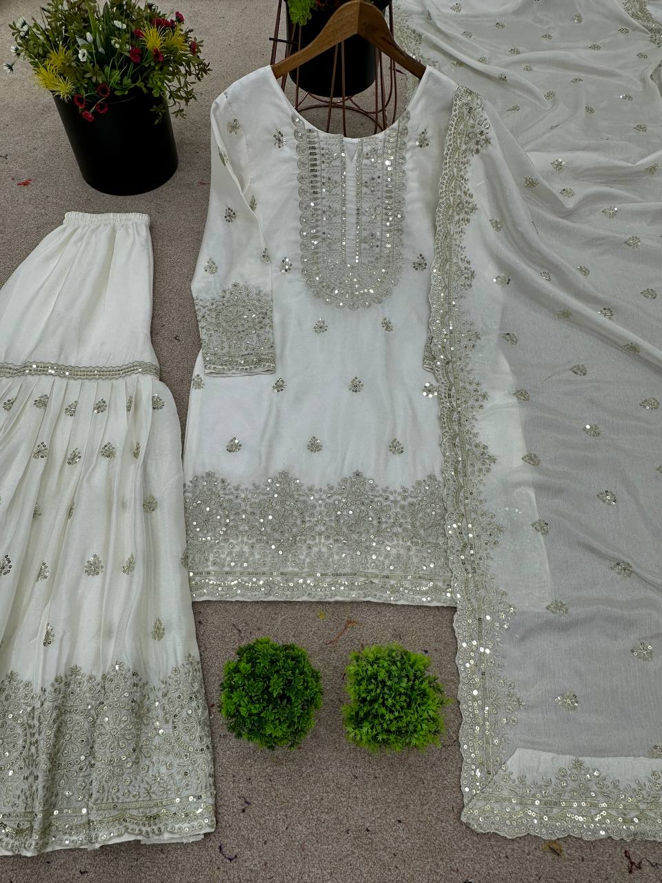Ceremony Wear White Color Pure Heavy Chinnon Silk With Embroidery And 5mm Sequence Work Sharara Suit