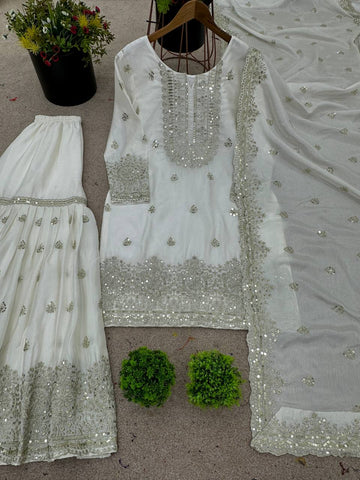 Ceremony Wear White Color Pure Heavy Chinnon Silk With Embroidery And 5mm Sequence Work Sharara Suit