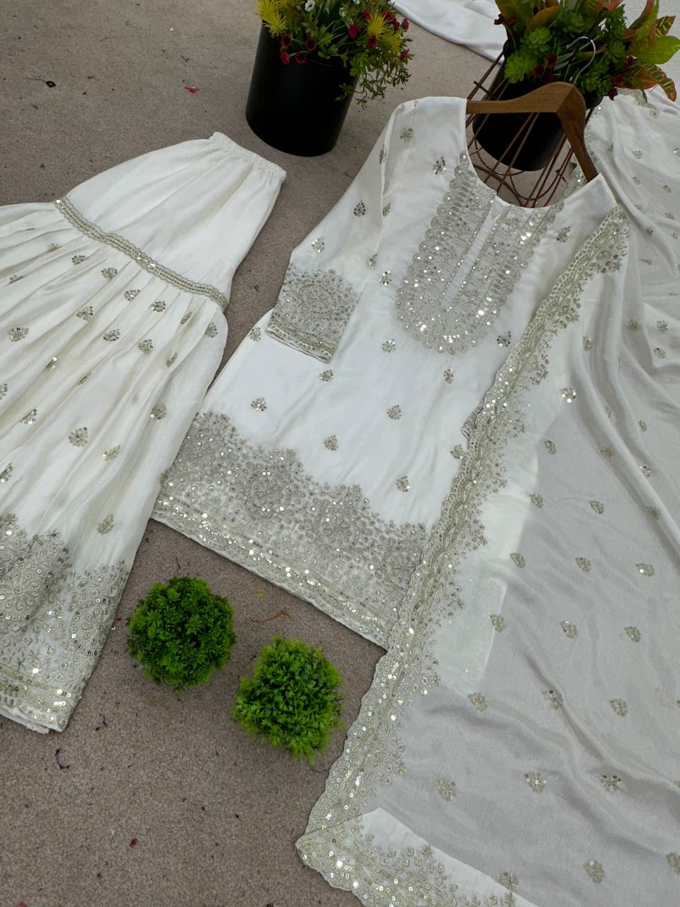 Ceremony Wear White Color Pure Heavy Chinnon Silk With Embroidery And 5mm Sequence Work Sharara Suit