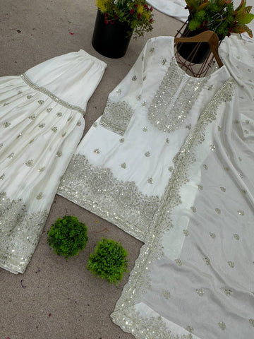 Ceremony Wear White Color Pure Heavy Chinnon Silk With Embroidery And 5mm Sequence Work Sharara Suit