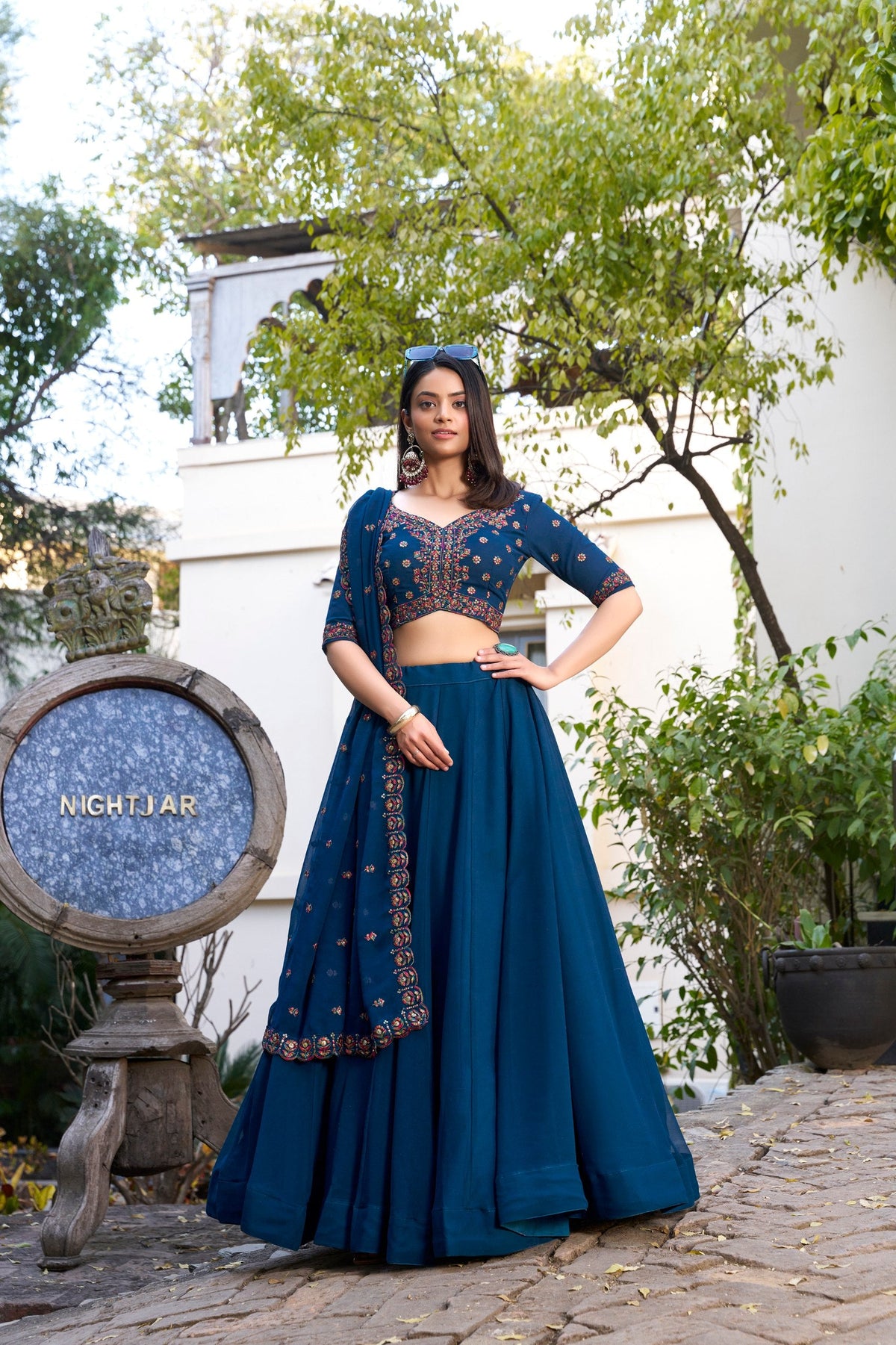 Party Wear Navy Blue Color Georgette With Thread Embroidery Work Designer Lehenga Choli