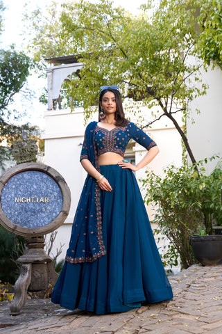 Party Wear Navy Blue Color Georgette With Thread Embroidery Work Designer Lehenga Choli