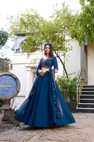 Party Wear Navy Blue Color Georgette With Thread Embroidery Work Designer Lehenga Choli