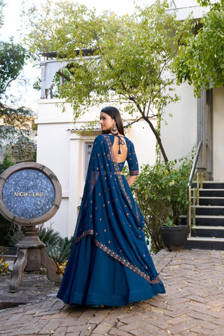 Party Wear Navy Blue Color Georgette With Thread Embroidery Work Designer Lehenga Choli