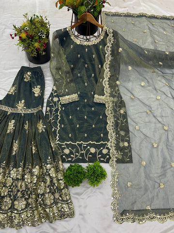 Alluring Green Color Twill Net With Heavy Embroidery Sequence Work Sharara Suit