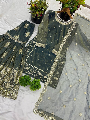 Alluring Green Color Twill Net With Heavy Embroidery Sequence Work Sharara Suit