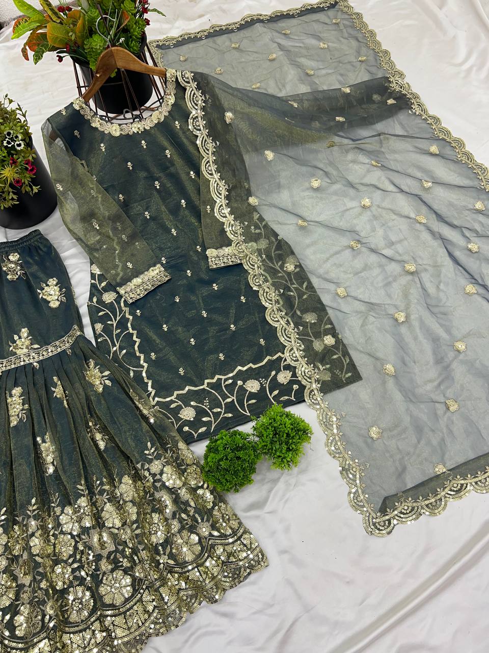 Alluring Green Color Twill Net With Heavy Embroidery Sequence Work Sharara Suit