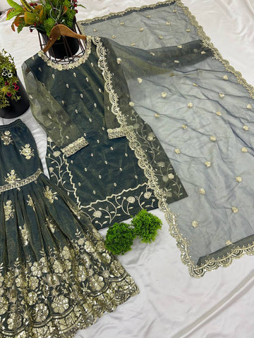 Alluring Green Color Twill Net With Heavy Embroidery Sequence Work Sharara Suit