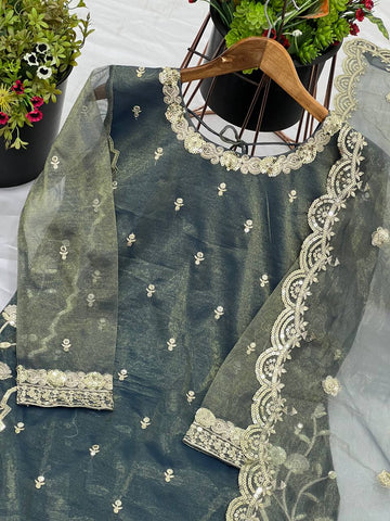 Alluring Green Color Twill Net With Heavy Embroidery Sequence Work Sharara Suit