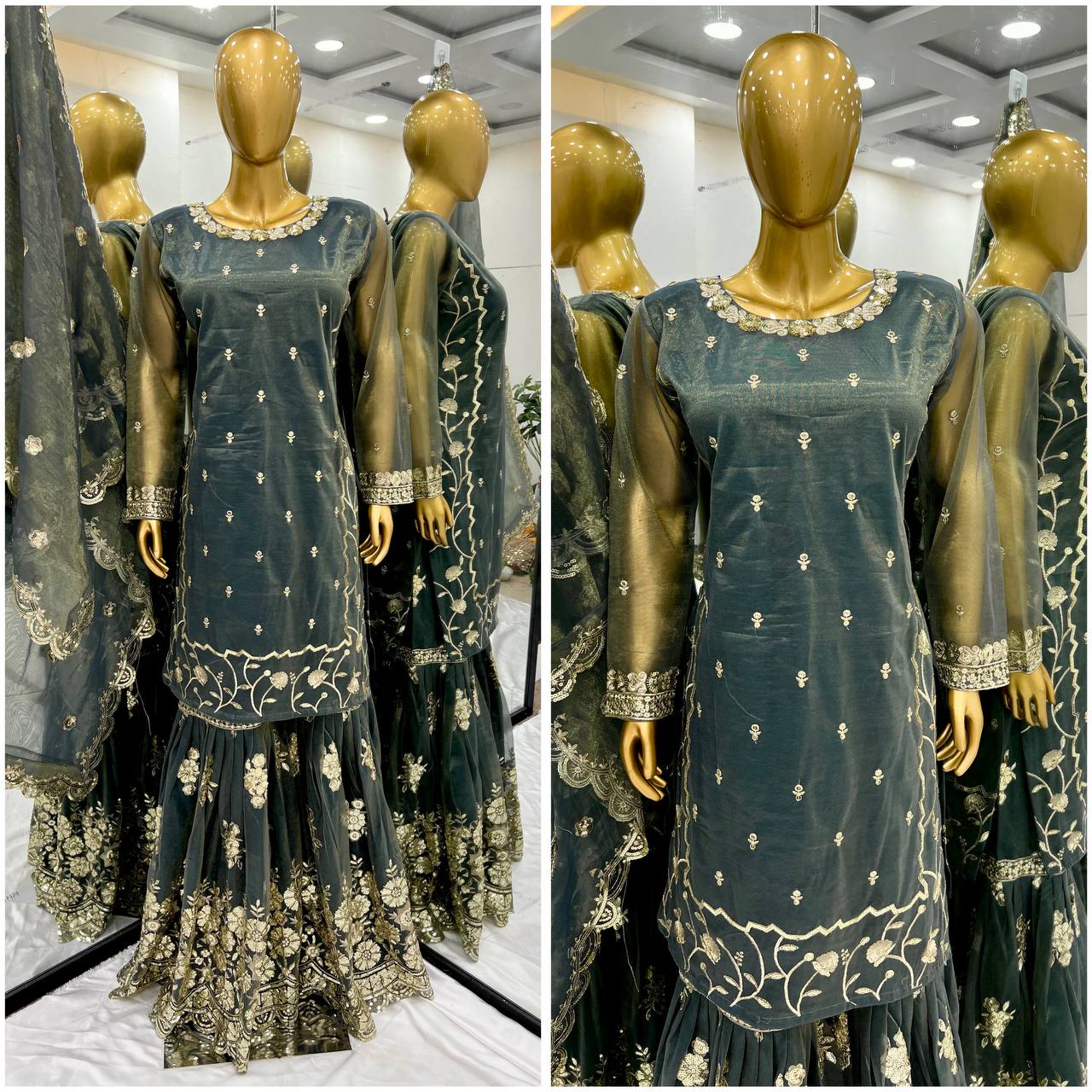 Alluring Green Color Twill Net With Heavy Embroidery Sequence Work Sharara Suit