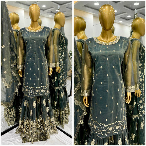 Alluring Green Color Twill Net With Heavy Embroidery Sequence Work Sharara Suit