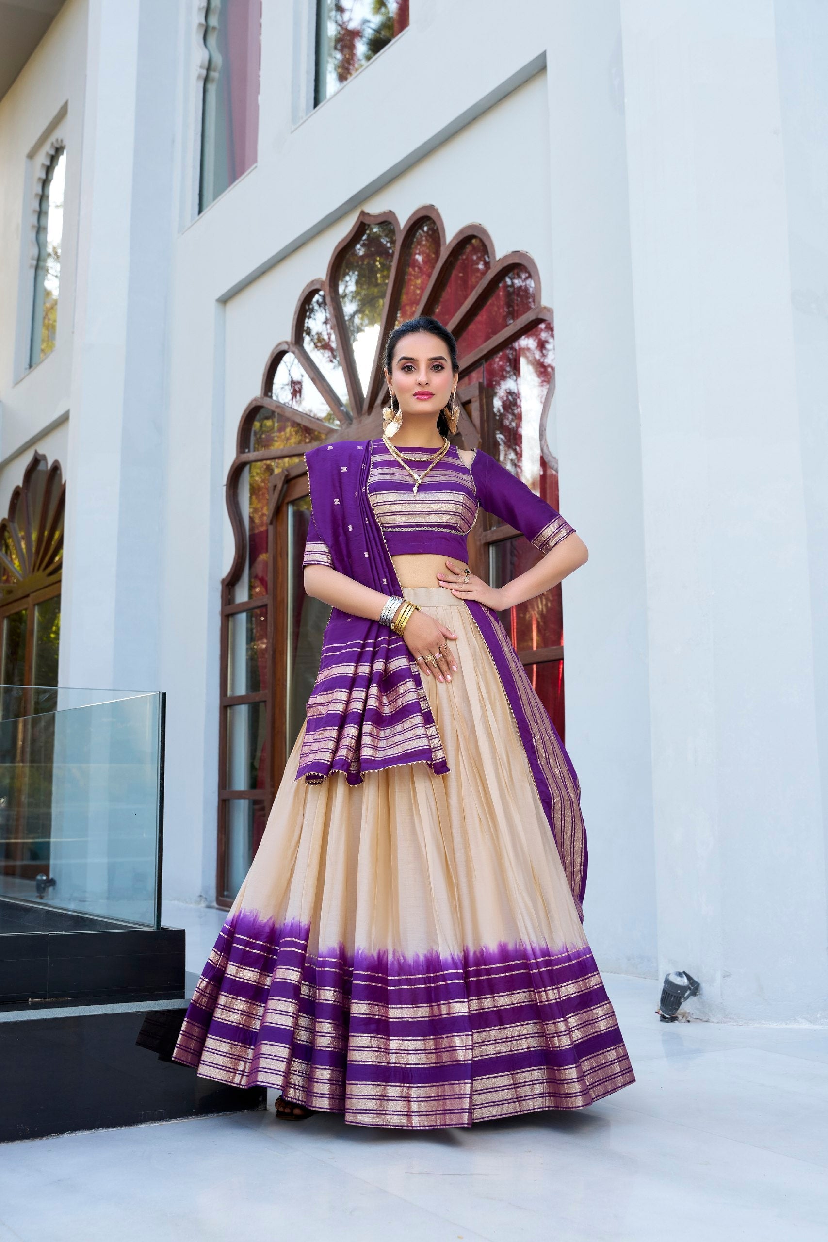 Function Wear Purple Color Pure Chanderi Plain With Zari Weaving Work Border Lehenga Choli