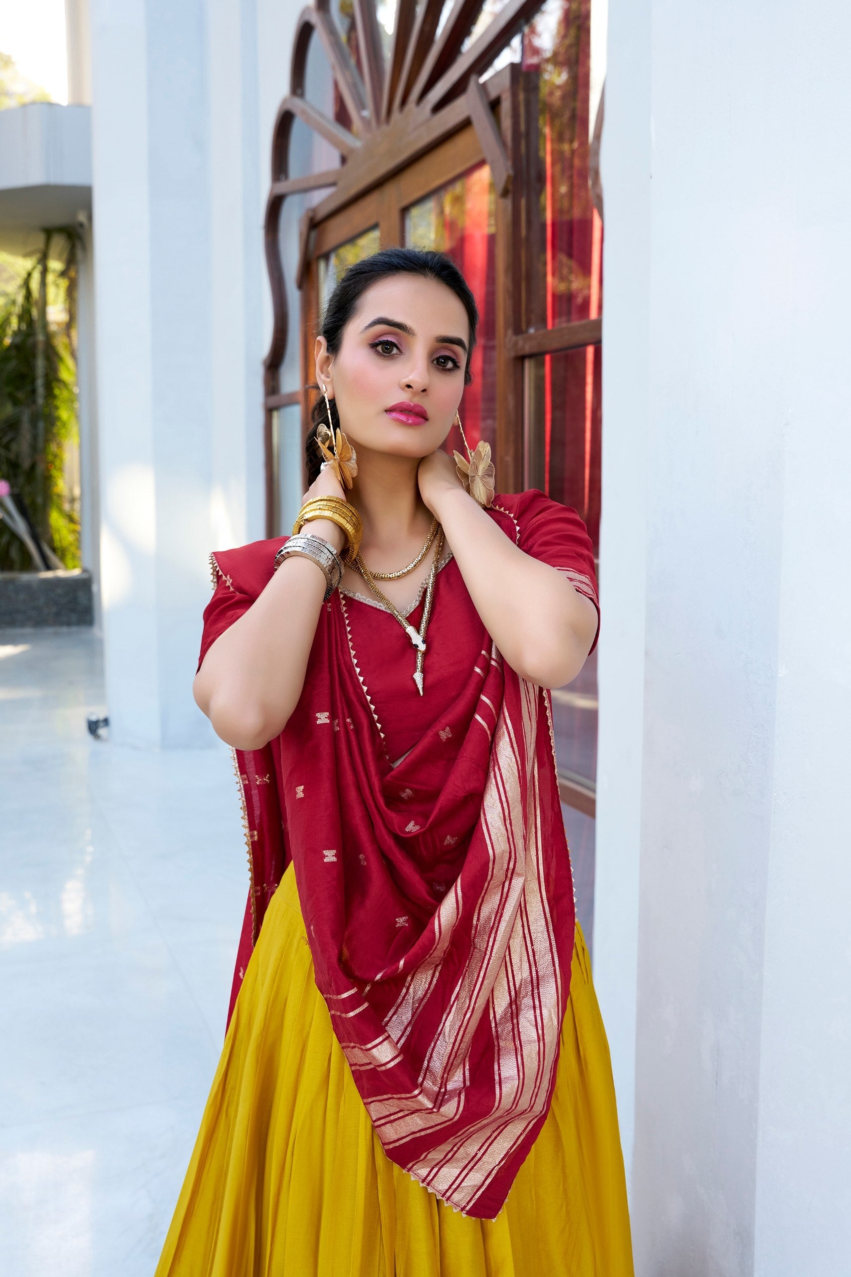 Function Wear Mustard Color Pure Chanderi Plain With Zari Weaving Work Border Lehenga Choli