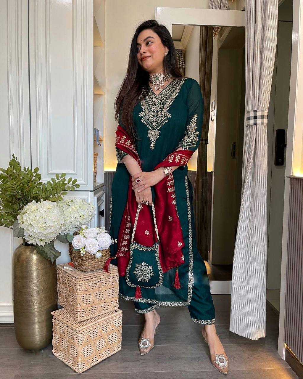 Beautiful Teal Green Color Chinon Silk With Heavy Embroidery Sequence Work Designer Salwar Suit
