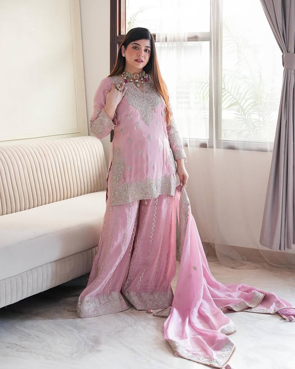 Party Wear Light Pink Color Heavy Chinon Silk With Heavy Embroidery Sequence Work Sharara Suit