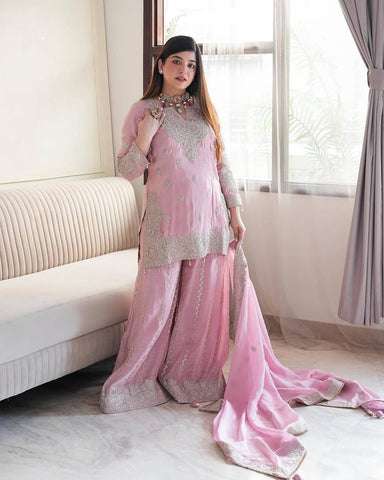 Party Wear Light Pink Color Heavy Chinon Silk With Heavy Embroidery Sequence Work Sharara Suit