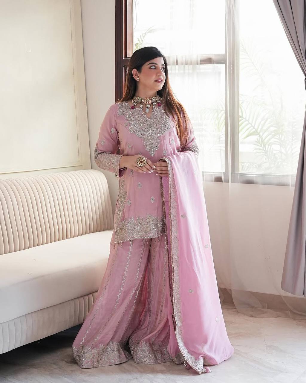 Party Wear Light Pink Color Heavy Chinon Silk With Heavy Embroidery Sequence Work Sharara Suit