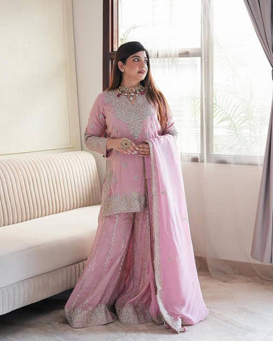 Party Wear Light Pink Color Heavy Chinon Silk With Heavy Embroidery Sequence Work Sharara Suit