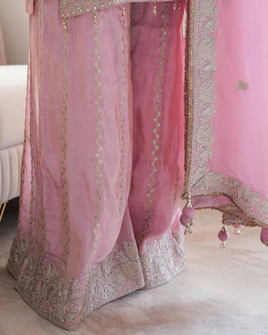 Party Wear Light Pink Color Heavy Chinon Silk With Heavy Embroidery Sequence Work Sharara Suit