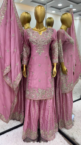 Party Wear Light Pink Color Heavy Chinon Silk With Heavy Embroidery Sequence Work Sharara Suit