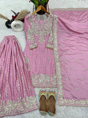Party Wear Light Pink Color Heavy Chinon Silk With Heavy Embroidery Sequence Work Sharara Suit