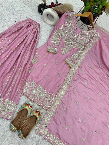 Party Wear Light Pink Color Heavy Chinon Silk With Heavy Embroidery Sequence Work Sharara Suit