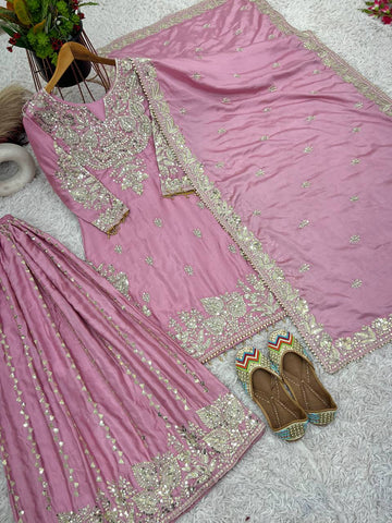 Party Wear Light Pink Color Heavy Chinon Silk With Heavy Embroidery Sequence Work Sharara Suit