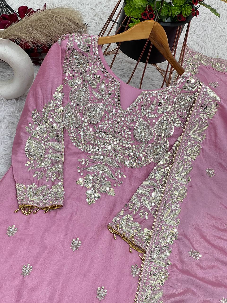 Party Wear Light Pink Color Heavy Chinon Silk With Heavy Embroidery Sequence Work Sharara Suit