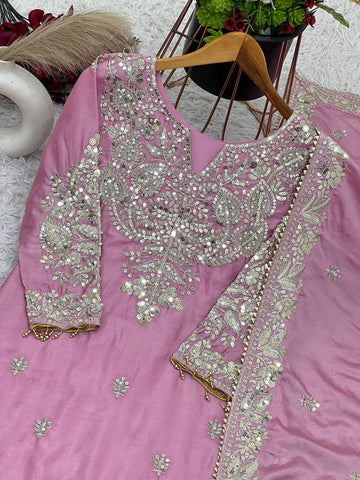 Party Wear Light Pink Color Heavy Chinon Silk With Heavy Embroidery Sequence Work Sharara Suit