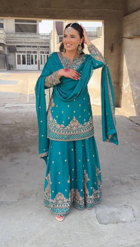 Reception Wear Aqua Green Color Heavy Chinon Silk With 5mm Embroidery Sequence Work Sharara Suit