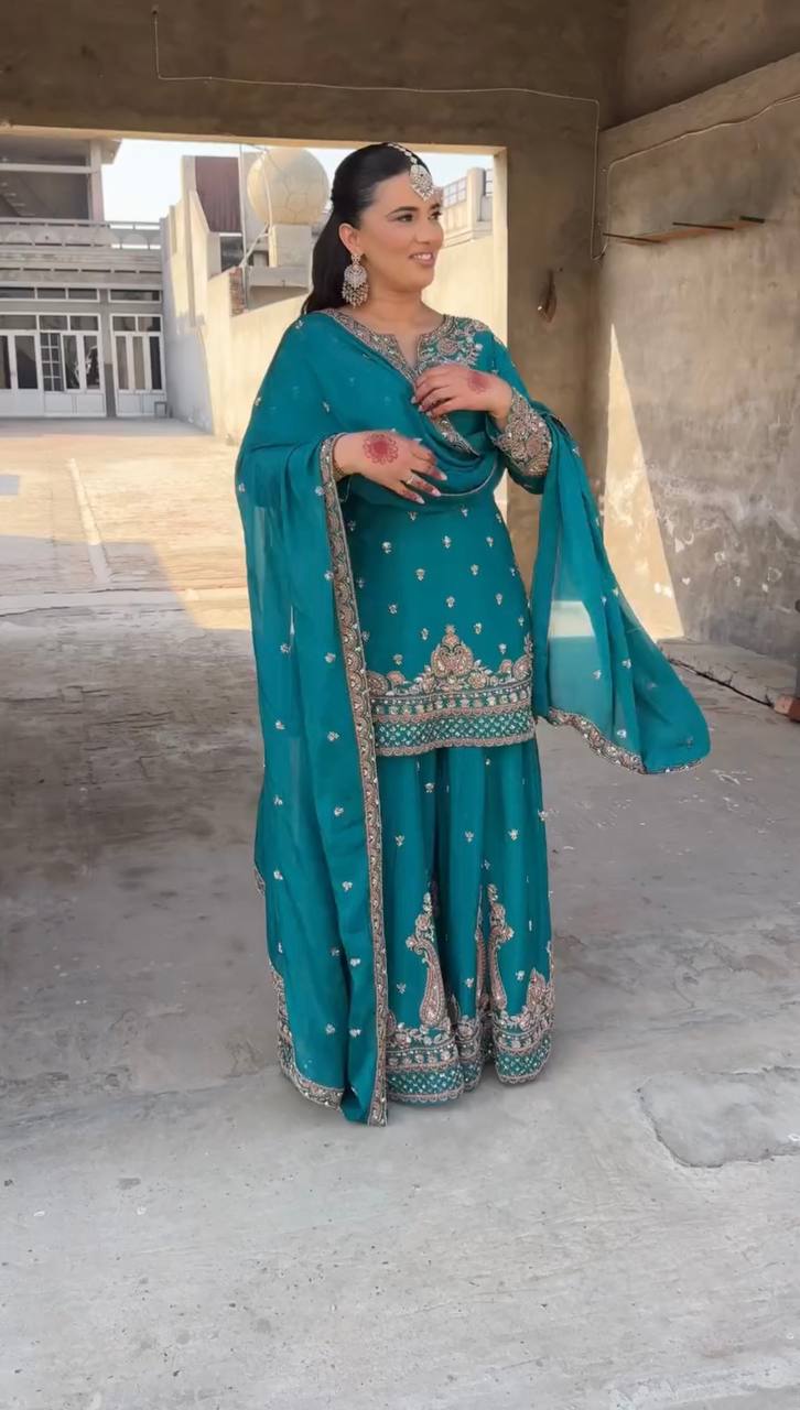 Reception Wear Aqua Green Color Heavy Chinon Silk With 5mm Embroidery Sequence Work Sharara Suit