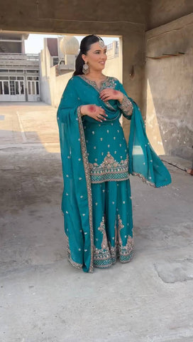 Reception Wear Aqua Green Color Heavy Chinon Silk With 5mm Embroidery Sequence Work Sharara Suit