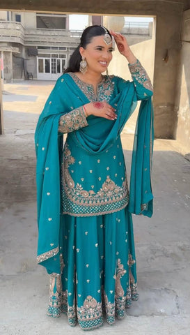 Reception Wear Aqua Green Color Heavy Chinon Silk With 5mm Embroidery Sequence Work Sharara Suit
