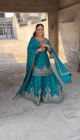 Reception Wear Aqua Green Color Heavy Chinon Silk With 5mm Embroidery Sequence Work Sharara Suit