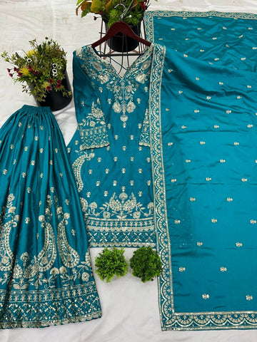 Reception Wear Aqua Green Color Heavy Chinon Silk With 5mm Embroidery Sequence Work Sharara Suit